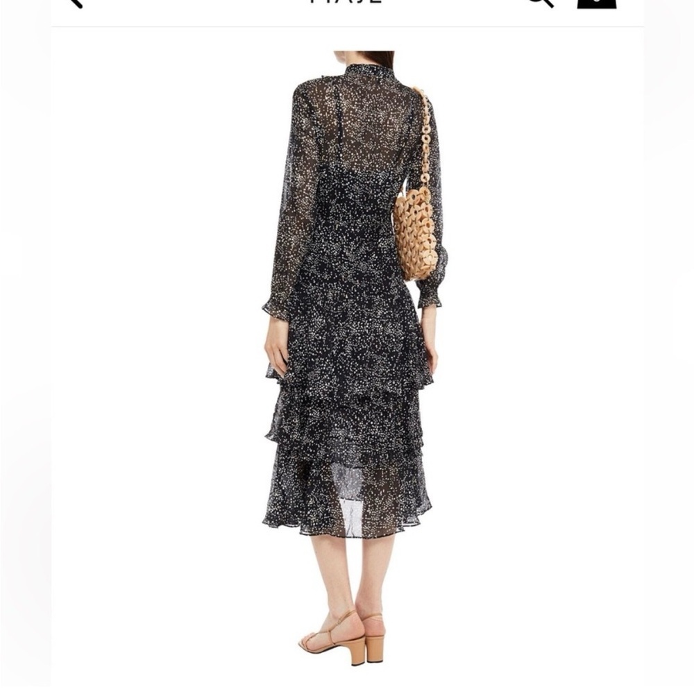 Maje Tiered Printed Metallic Fil Coupé Midi Dress 38 Medium Black Silk Wedding - Picture 3 of 16